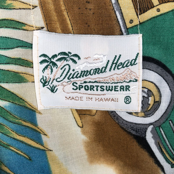 Diamond Head Sportswear All-over print open-collar Hawaiian Aloha shirt, boxy style, made in Hawaii, men's size L equivalent. unclear green type Vintage Second Hand