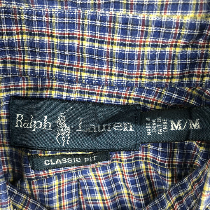 Ralph Lauren Classic Fit Short Sleeve Button Down Check Shirt Men's M cotton Navy blue Vintage Second Hand