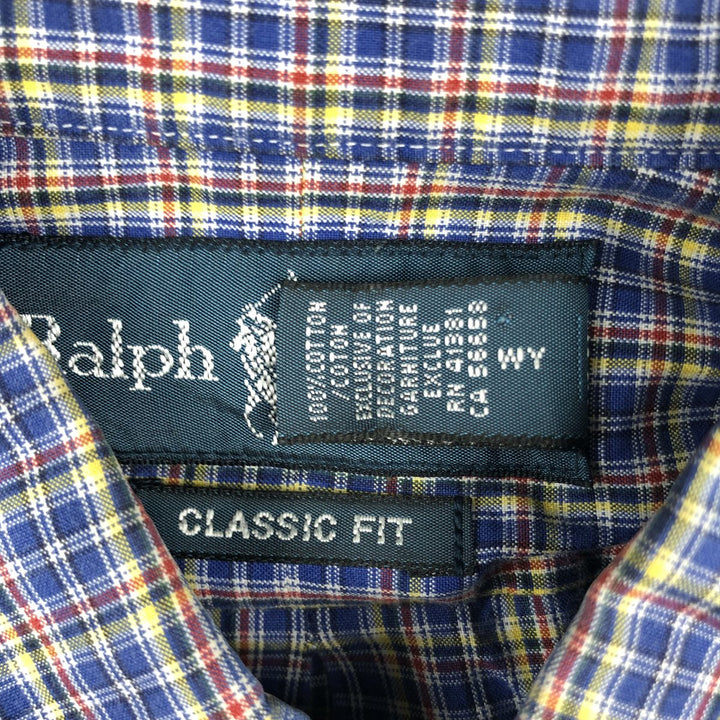 Ralph Lauren Classic Fit Short Sleeve Button Down Check Shirt Men's M cotton Navy blue Vintage Second Hand