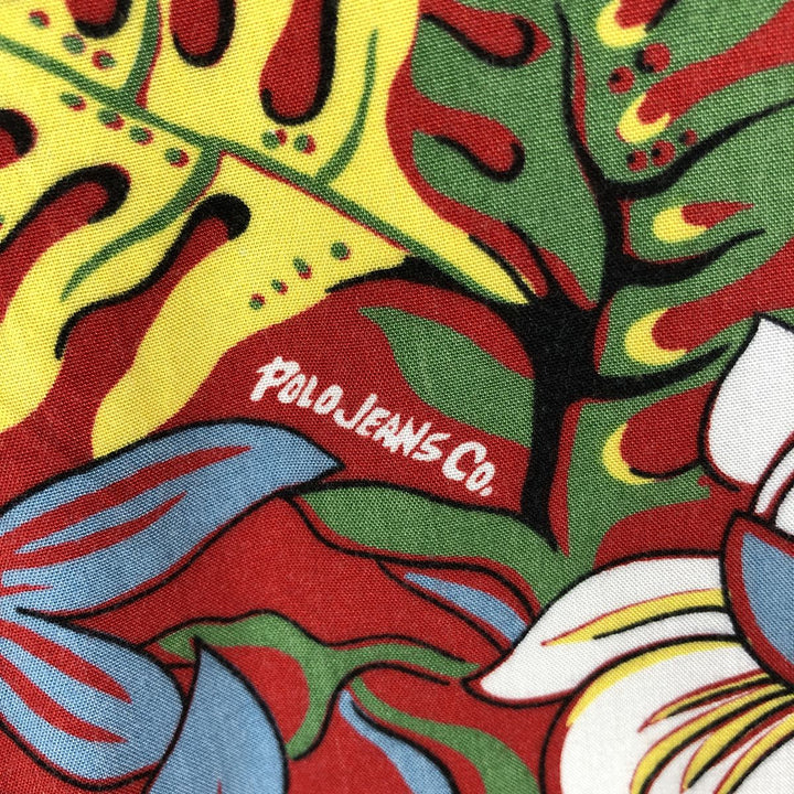 2000'S Ralph Lauren POLO JEANS COMPANY all-over botanical pattern open-collar rayon aloha shirt, men's size L (approx.) Rayon red type Vintage Second Hand