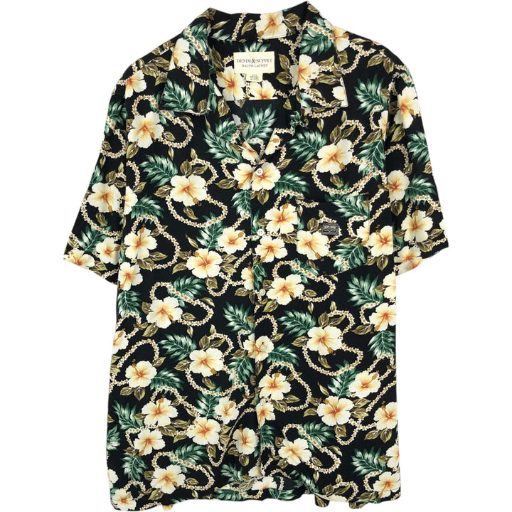 Ralph Lauren Denim & Supply All-over Hibiscus Pattern Open Collar Aloha Shirt, Boxy Shirt, Men's Size XL (approx.) Viscose black type Vintage Second Hand