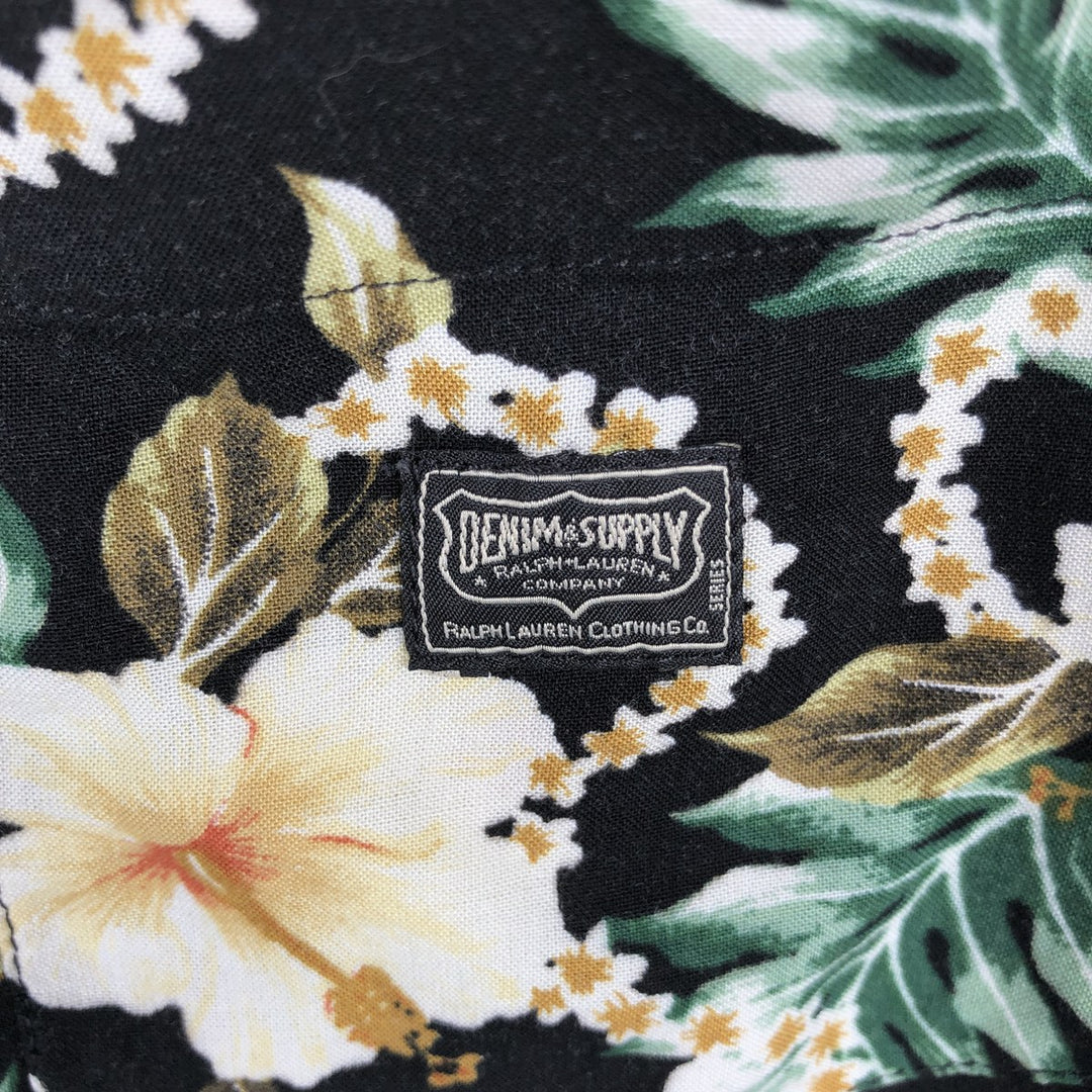 Ralph Lauren Denim & Supply All-over Hibiscus Pattern Open Collar Aloha Shirt, Boxy Shirt, Men's Size XL (approx.) Viscose black type Vintage Second Hand