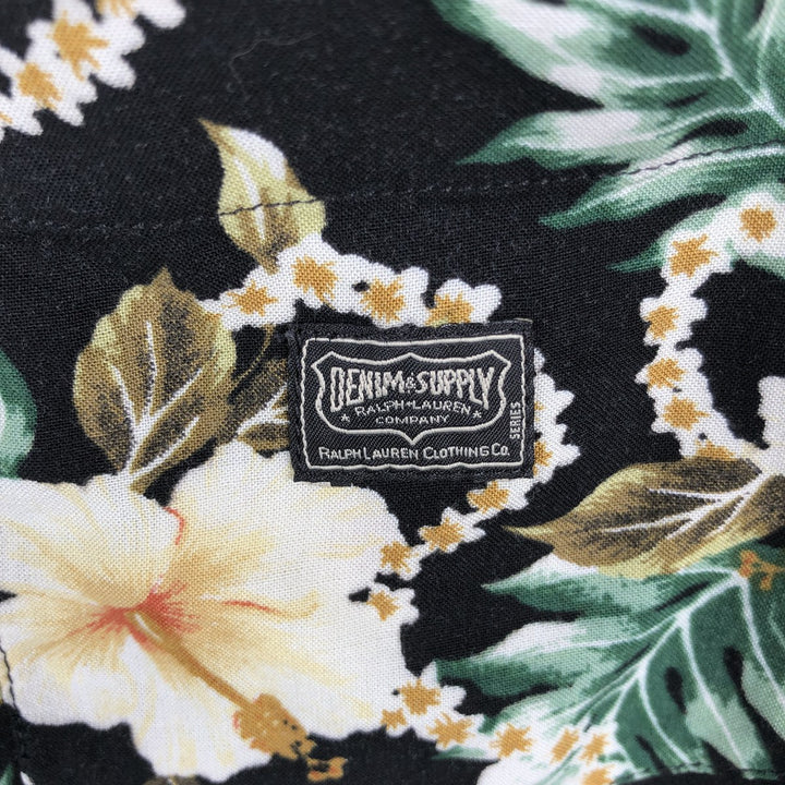 Ralph Lauren Denim & Supply All-over Hibiscus Pattern Open Collar Aloha Shirt, Boxy Shirt, Men's Size XL (approx.) Viscose black type Vintage Second Hand