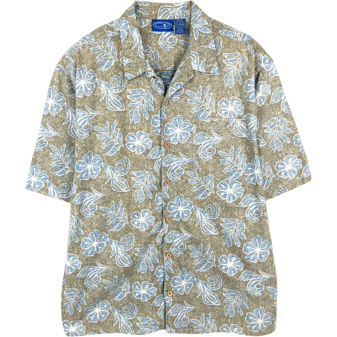 90'S Ocean Pacific all-over botanical pattern open-collar Hawaiian Aloha shirt, boxy fit, men's size XL equivalent. cotton Khaki type Vintage Second Hand
