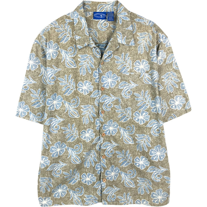 90'S Ocean Pacific all-over botanical pattern open-collar Hawaiian Aloha shirt, boxy fit, men's size XL equivalent. cotton Khaki type Vintage Second Hand