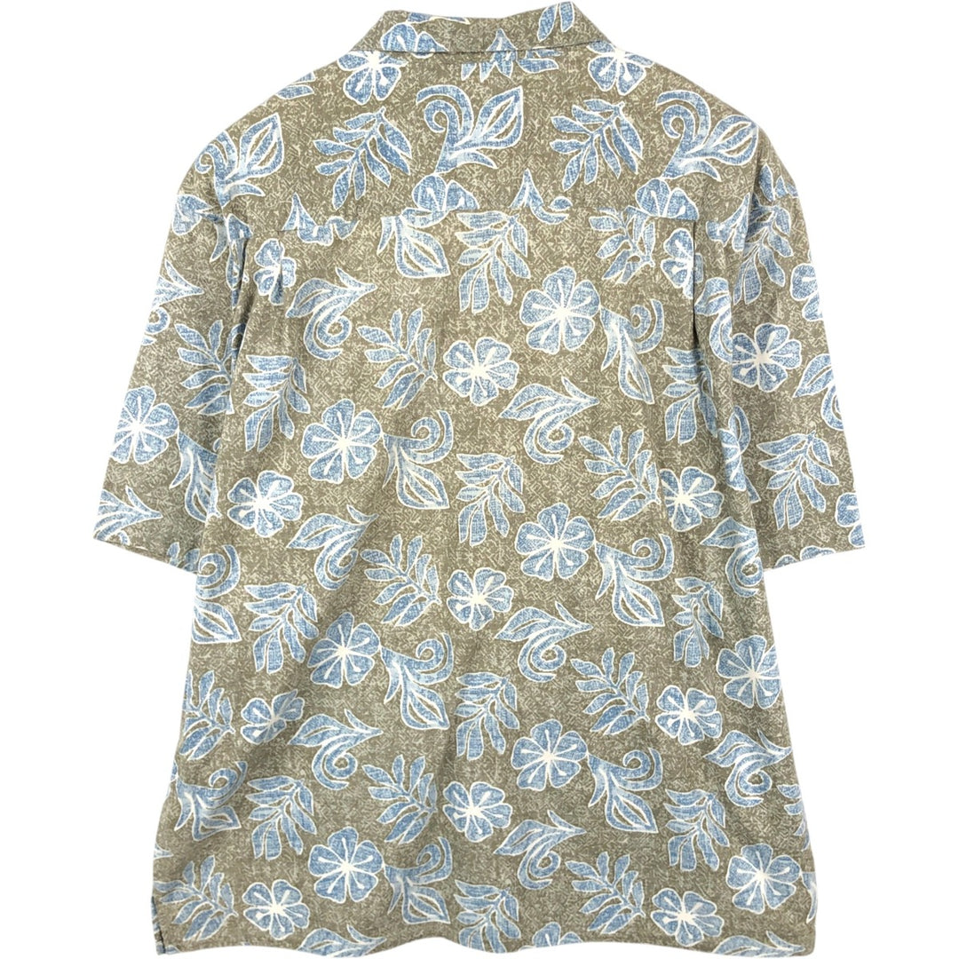 90'S Ocean Pacific all-over botanical pattern open-collar Hawaiian Aloha shirt, boxy fit, men's size XL equivalent. cotton Khaki type Vintage Second Hand