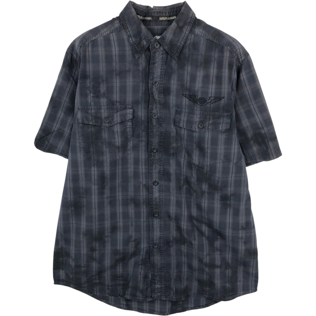 Harley-Davidson Check Pattern Hidden Button-Down Short-Sleeve Work Shirt, Men's Size L (approx.) cotton Charcoal Vintage Second Hand
