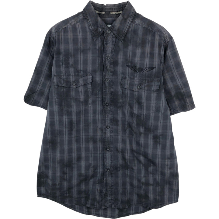 Harley-Davidson Check Pattern Hidden Button-Down Short-Sleeve Work Shirt, Men's Size L (approx.) cotton Charcoal Vintage Second Hand