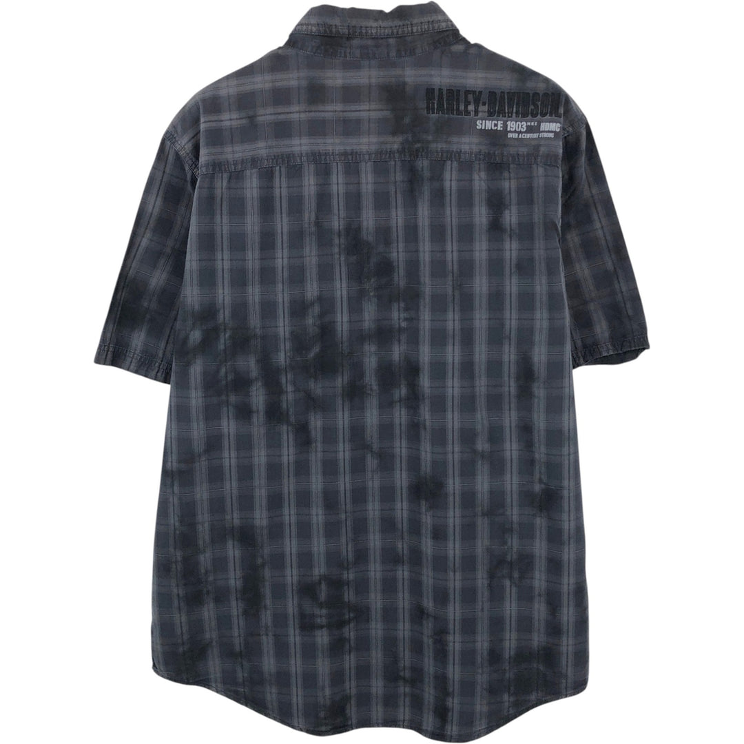 Harley-Davidson Check Pattern Hidden Button-Down Short-Sleeve Work Shirt, Men's Size L (approx.) cotton Charcoal Vintage Second Hand
