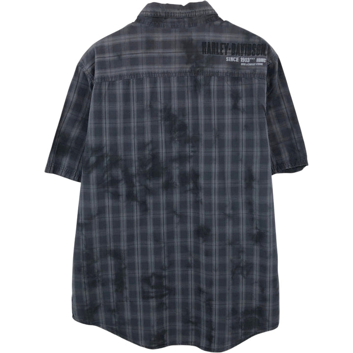 Harley-Davidson Check Pattern Hidden Button-Down Short-Sleeve Work Shirt, Men's Size L (approx.) cotton Charcoal Vintage Second Hand