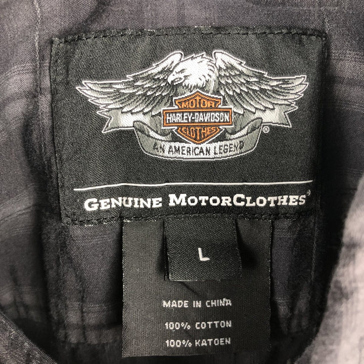Harley-Davidson Check Pattern Hidden Button-Down Short-Sleeve Work Shirt, Men's Size L (approx.) cotton Charcoal Vintage Second Hand