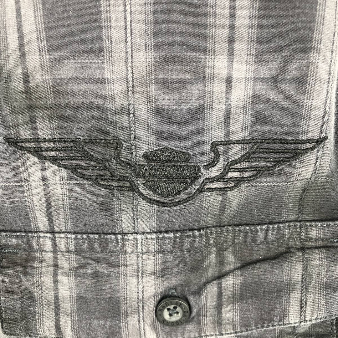 Harley-Davidson Check Pattern Hidden Button-Down Short-Sleeve Work Shirt, Men's Size L (approx.) cotton Charcoal Vintage Second Hand