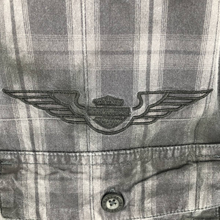 Harley-Davidson Check Pattern Hidden Button-Down Short-Sleeve Work Shirt, Men's Size L (approx.) cotton Charcoal Vintage Second Hand
