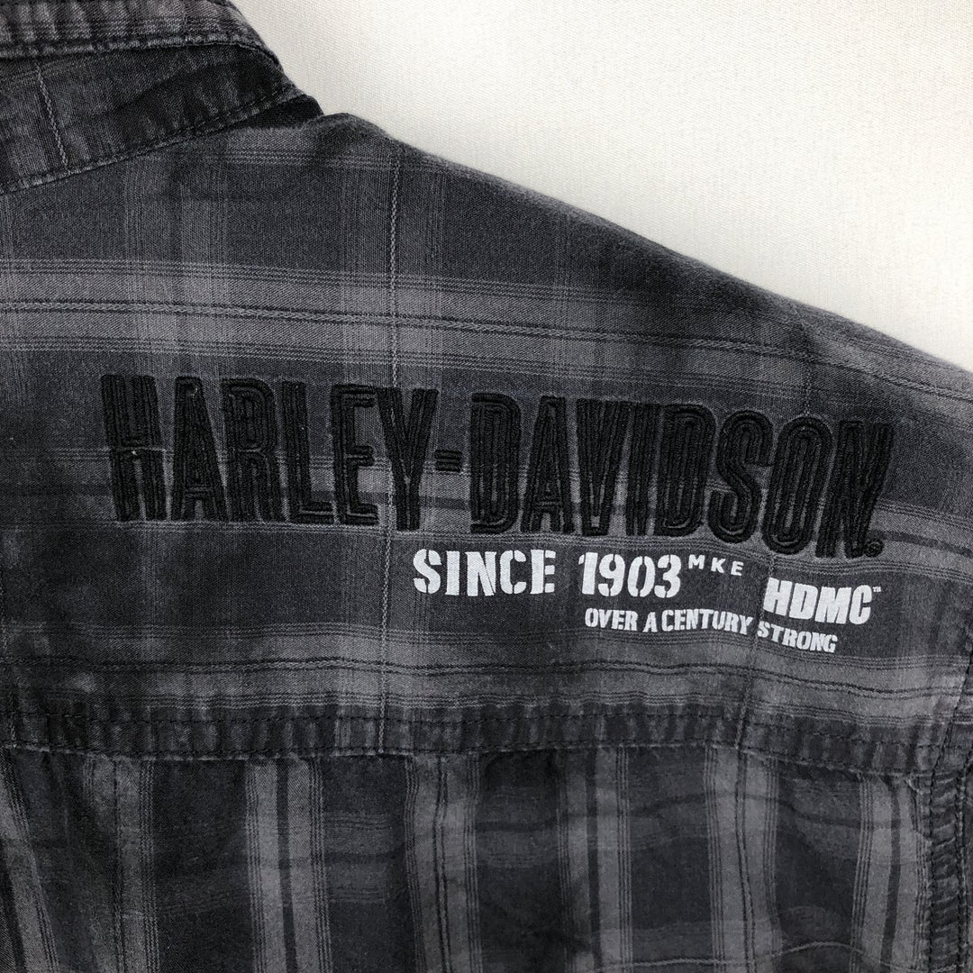 Harley-Davidson Check Pattern Hidden Button-Down Short-Sleeve Work Shirt, Men's Size L (approx.) cotton Charcoal Vintage Second Hand
