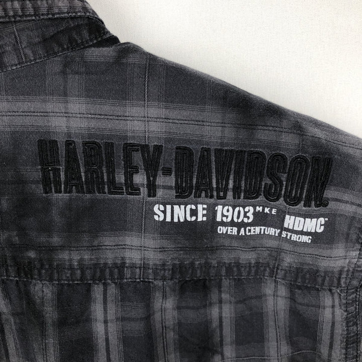 Harley-Davidson Check Pattern Hidden Button-Down Short-Sleeve Work Shirt, Men's Size L (approx.) cotton Charcoal Vintage Second Hand