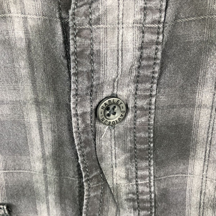 Harley-Davidson Check Pattern Hidden Button-Down Short-Sleeve Work Shirt, Men's Size L (approx.) cotton Charcoal Vintage Second Hand