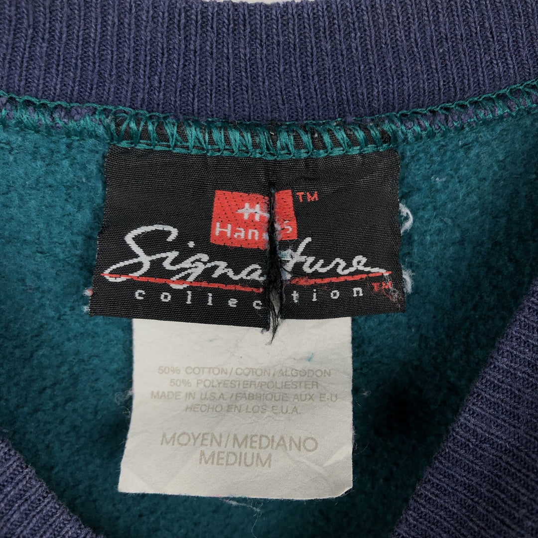 Hanes printed sweatshirt, made in USA, men's size M equivalent. cotton turquoise blue Vintage Second Hand