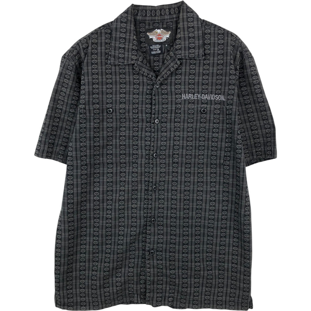 Harley-Davidson all-over print open-collar short-sleeve work shirt, boxy style, men's size M equivalent. cotton Charcoal Vintage Second Hand