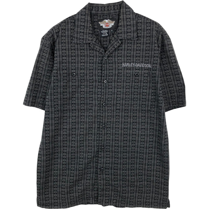 Harley-Davidson all-over print open-collar short-sleeve work shirt, boxy style, men's size M equivalent. cotton Charcoal Vintage Second Hand