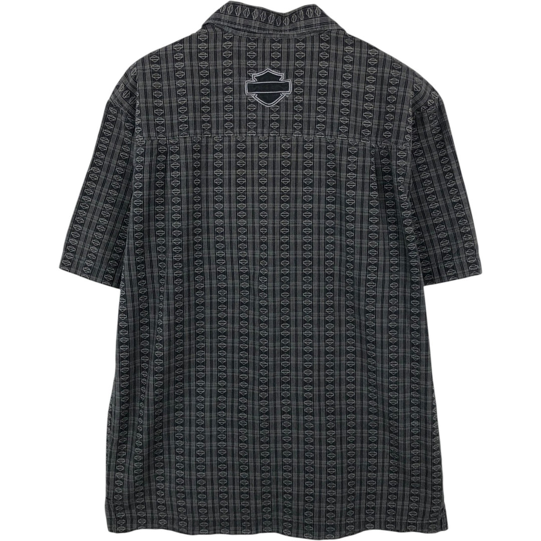 Harley-Davidson all-over print open-collar short-sleeve work shirt, boxy style, men's size M equivalent. cotton Charcoal Vintage Second Hand