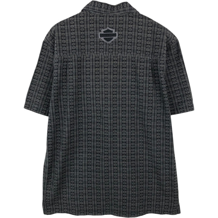 Harley-Davidson all-over print open-collar short-sleeve work shirt, boxy style, men's size M equivalent. cotton Charcoal Vintage Second Hand