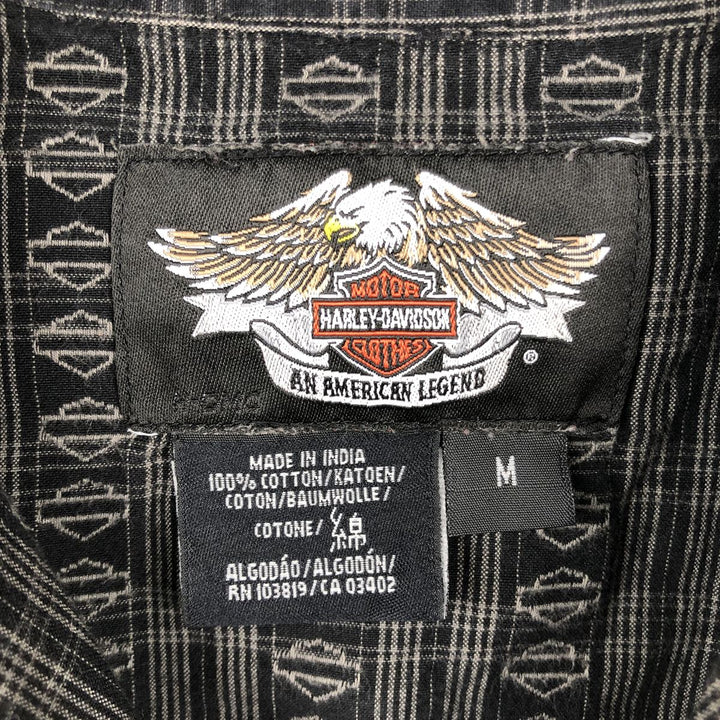Harley-Davidson all-over print open-collar short-sleeve work shirt, boxy style, men's size M equivalent. cotton Charcoal Vintage Second Hand