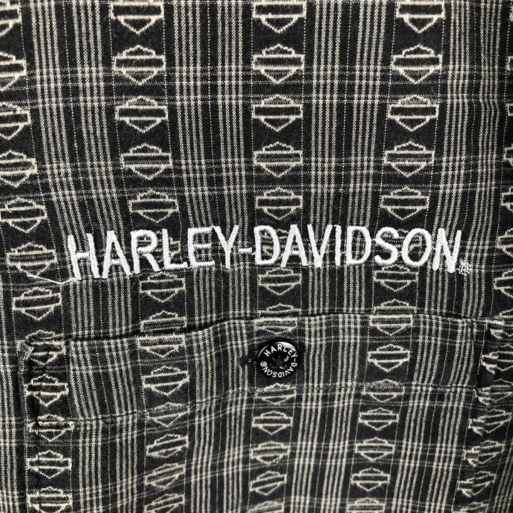 Harley-Davidson all-over print open-collar short-sleeve work shirt, boxy style, men's size M equivalent. cotton Charcoal Vintage Second Hand