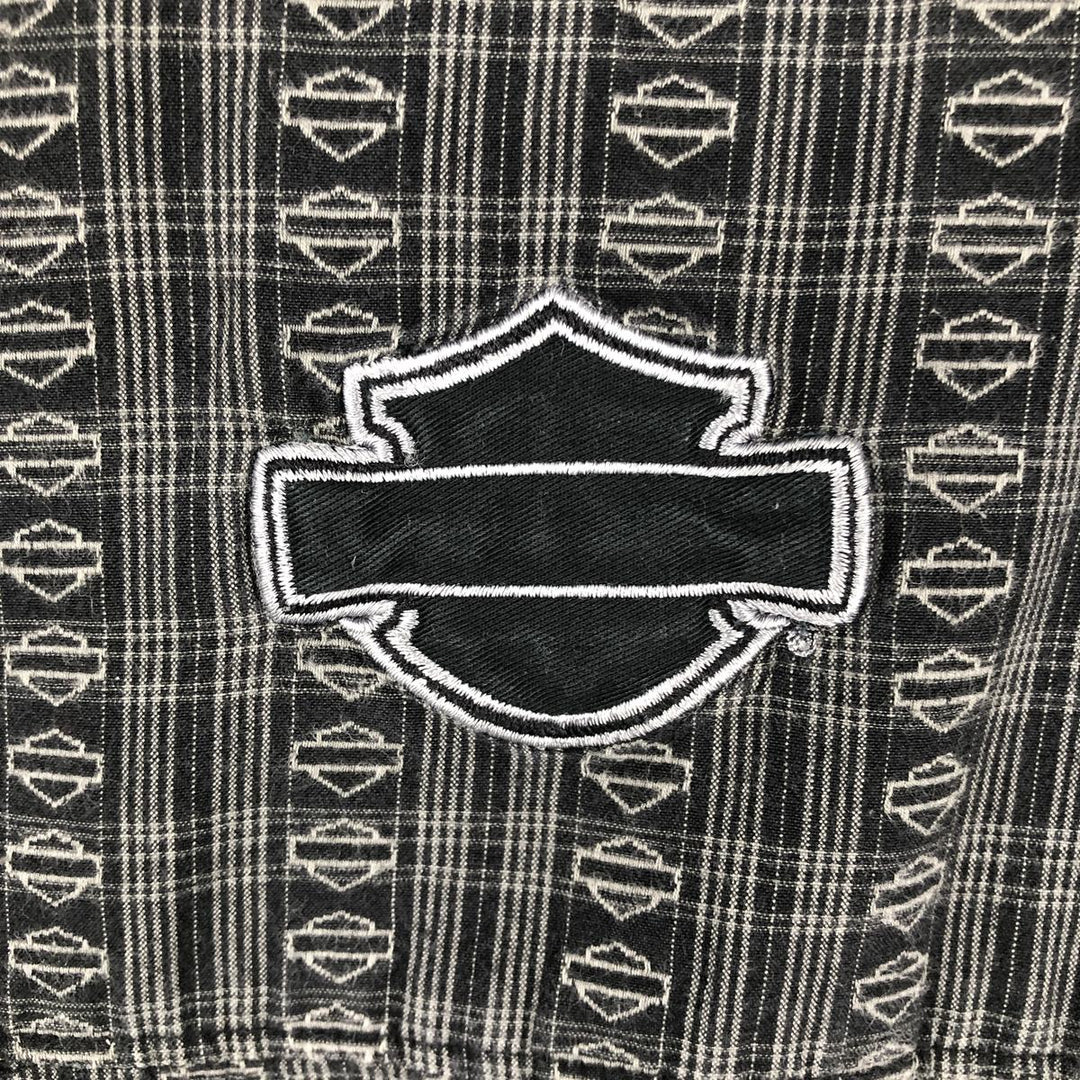 Harley-Davidson all-over print open-collar short-sleeve work shirt, boxy style, men's size M equivalent. cotton Charcoal Vintage Second Hand