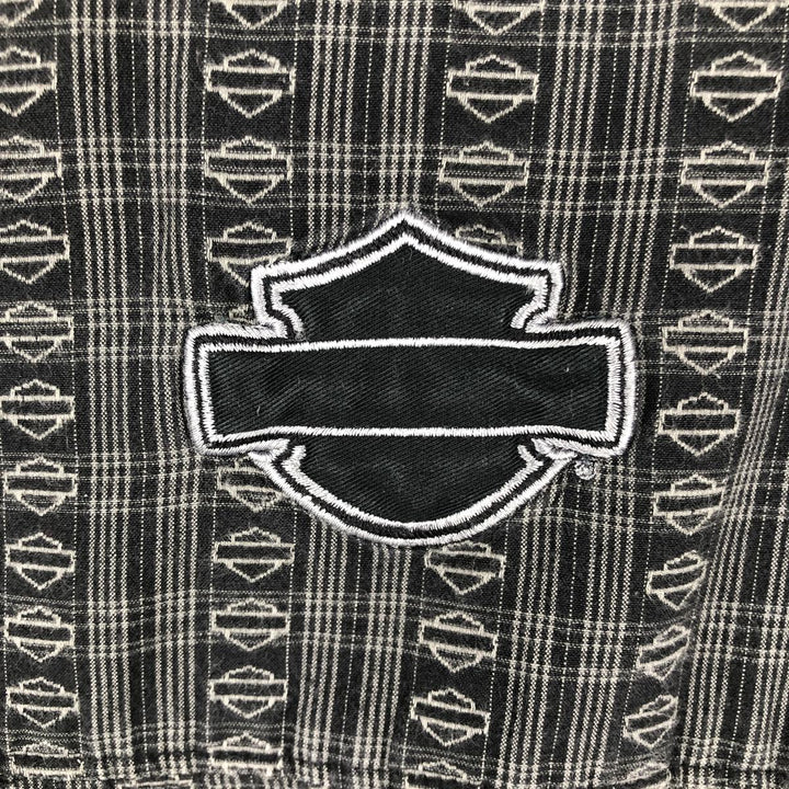 Harley-Davidson all-over print open-collar short-sleeve work shirt, boxy style, men's size M equivalent. cotton Charcoal Vintage Second Hand