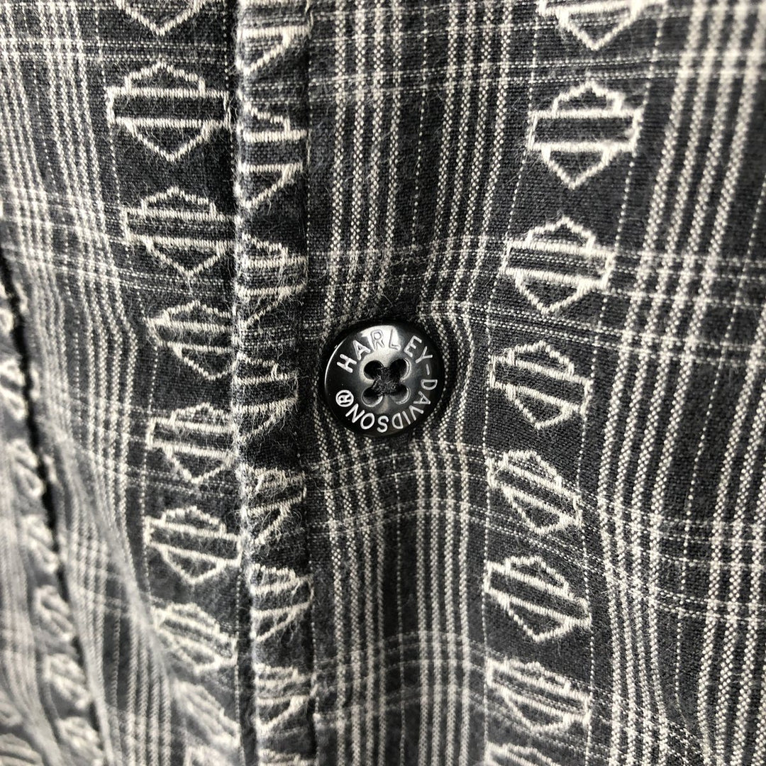 Harley-Davidson all-over print open-collar short-sleeve work shirt, boxy style, men's size M equivalent. cotton Charcoal Vintage Second Hand