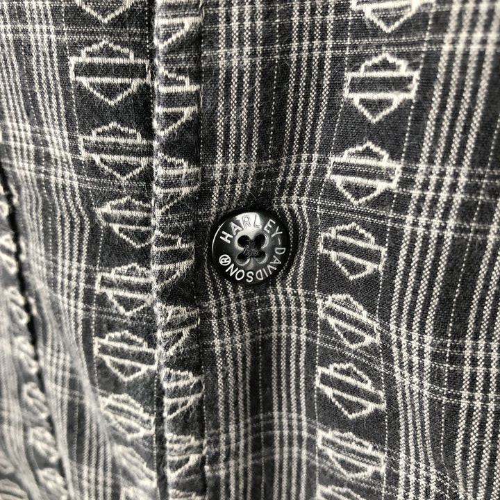 Harley-Davidson all-over print open-collar short-sleeve work shirt, boxy style, men's size M equivalent. cotton Charcoal Vintage Second Hand