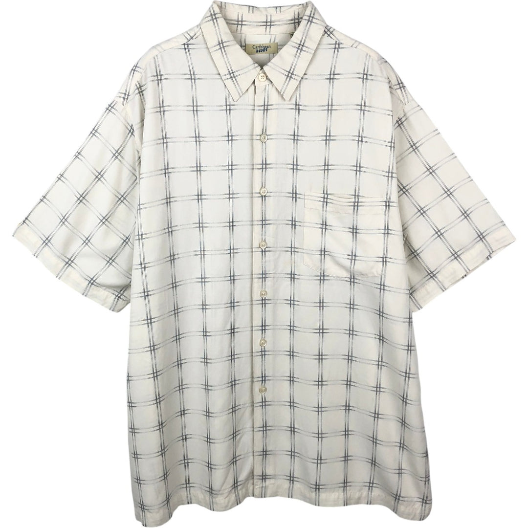 Caribbean Blues Check Pattern Short-Sleeve Rayon Shirt, Boxy Shirt, Men's XL Equivalent Rayon white type Vintage Second Hand