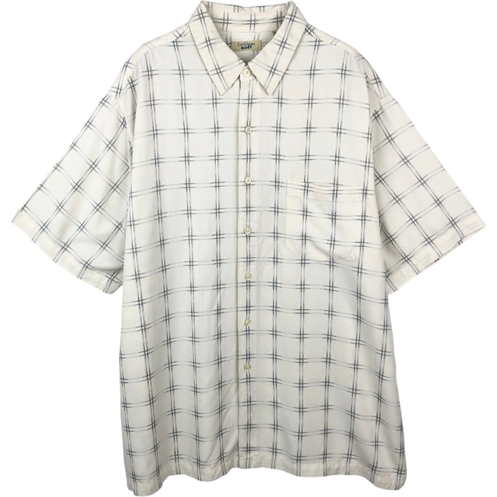 Caribbean Blues Check Pattern Short-Sleeve Rayon Shirt, Boxy Shirt, Men's XL Equivalent Rayon white type Vintage Second Hand