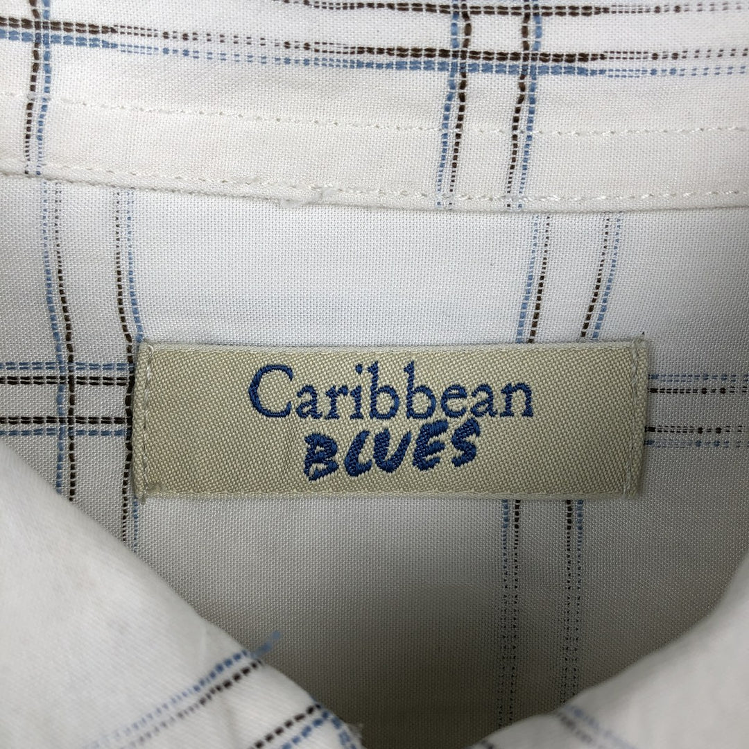 Caribbean Blues Check Pattern Short-Sleeve Rayon Shirt, Boxy Shirt, Men's XL Equivalent Rayon white type Vintage Second Hand