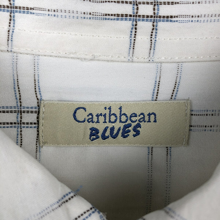 Caribbean Blues Check Pattern Short-Sleeve Rayon Shirt, Boxy Shirt, Men's XL Equivalent Rayon white type Vintage Second Hand