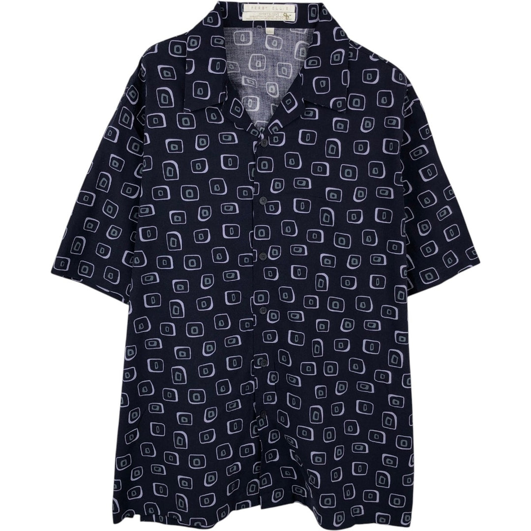 Perry Ellis all-over print short-sleeved open-collar cotton x rayon box shirt, men's size L equivalent. cotton navy blue type Vintage Second Hand