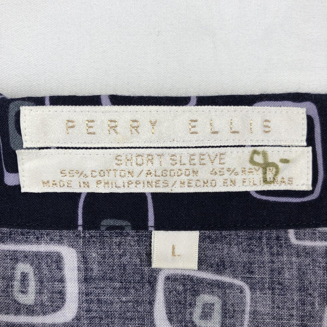 Perry Ellis all-over print short-sleeved open-collar cotton x rayon box shirt, men's size L equivalent. cotton navy blue type Vintage Second Hand