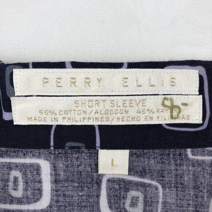 Perry Ellis all-over print short-sleeved open-collar cotton x rayon box shirt, men's size L equivalent. cotton navy blue type Vintage Second Hand