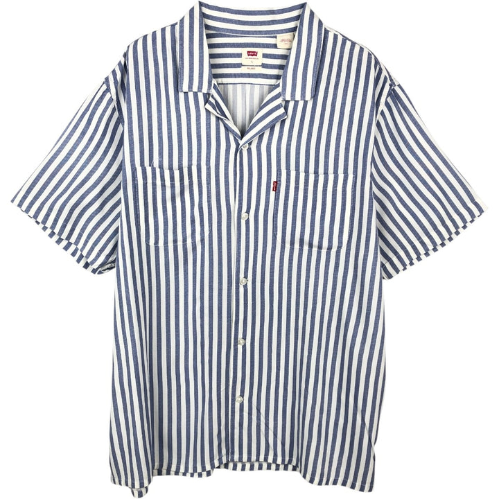 Levi's RELAXED Stripe Pattern Short-Sleeve Open Collar Viscose Shirt, Boxy Fit, Men's Size L (approx.) Viscose navy blue type Vintage Second Hand