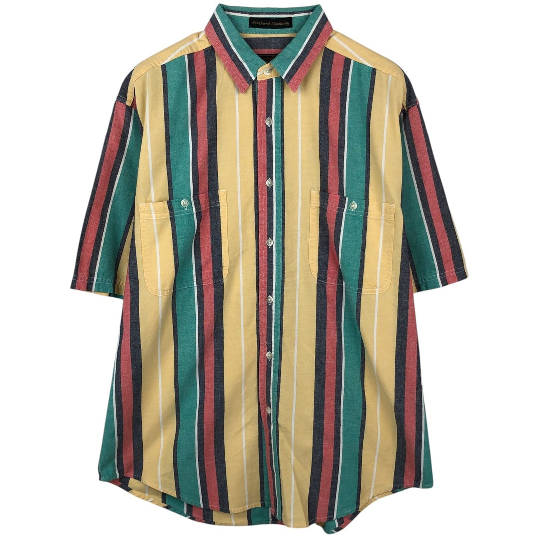70s-80'S Eddie Bauer Black Tag Multi-Striped Short-Sleeve Cotton Striped Shirt, Men's Size L (Equivalent), Vintage cotton green type Vintage Second Hand