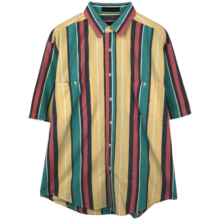 70s-80'S Eddie Bauer Black Tag Multi-Striped Short-Sleeve Cotton Striped Shirt, Men's Size L (Equivalent), Vintage cotton green type Vintage Second Hand