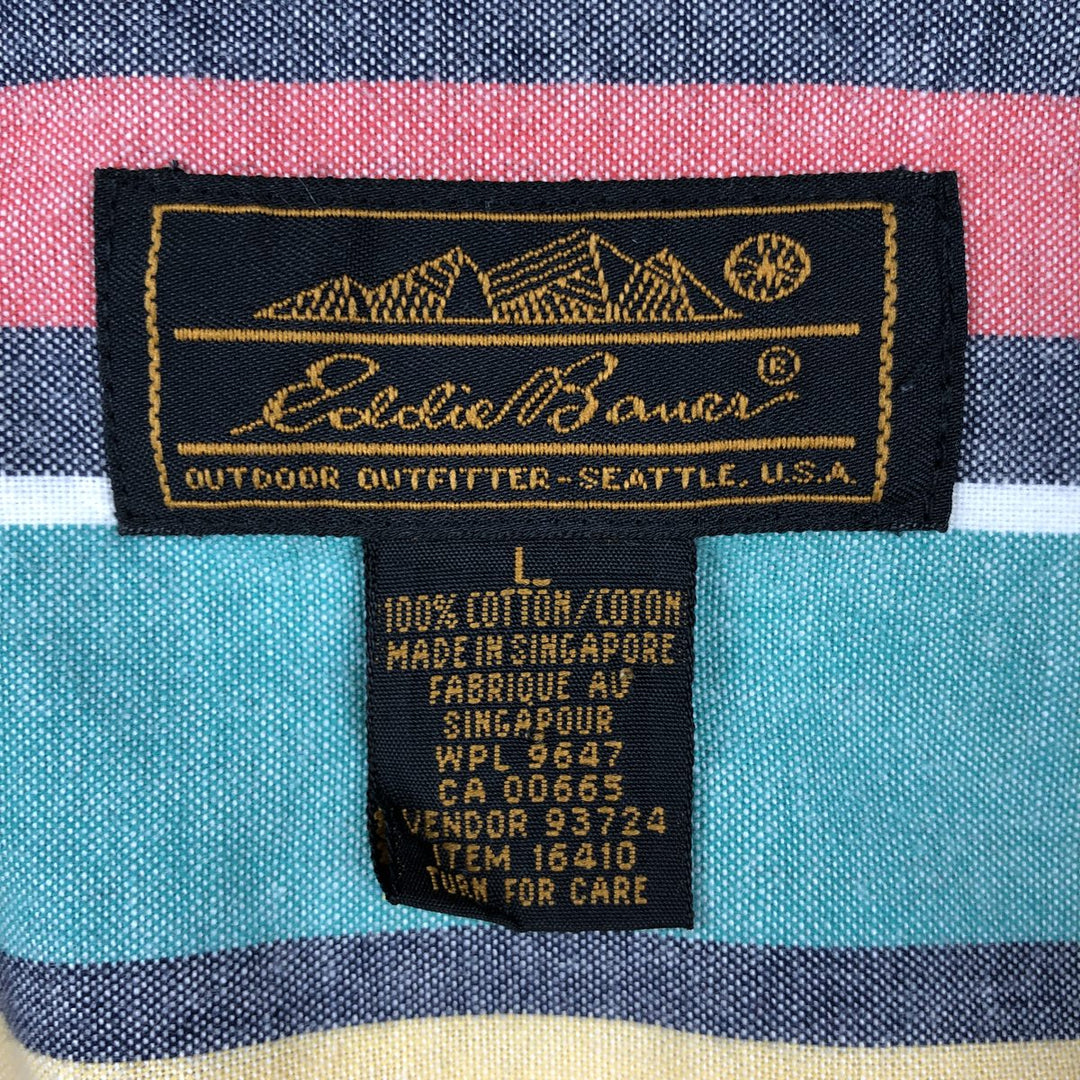 70s-80'S Eddie Bauer Black Tag Multi-Striped Short-Sleeve Cotton Striped Shirt, Men's Size L (Equivalent), Vintage cotton green type Vintage Second Hand