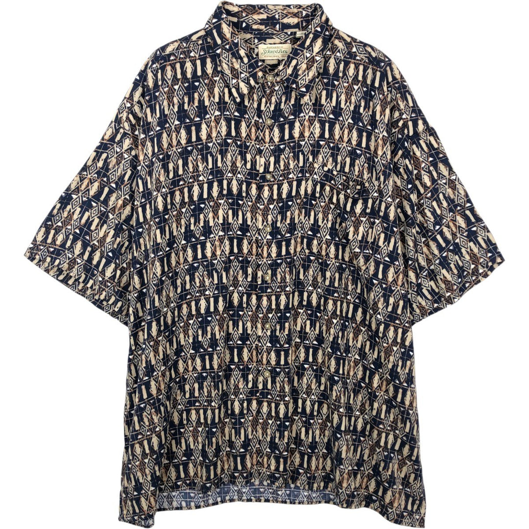 1990'S St. John's Bay all-over print short-sleeved rayon shirt, boxy fit, men's size XL equivalent, vintage. Rayon navy blue type Vintage Second Hand