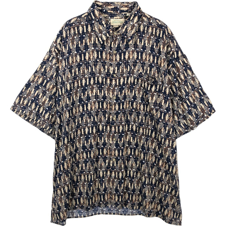 1990'S St. John's Bay all-over print short-sleeved rayon shirt, boxy fit, men's size XL equivalent, vintage. Rayon navy blue type Vintage Second Hand