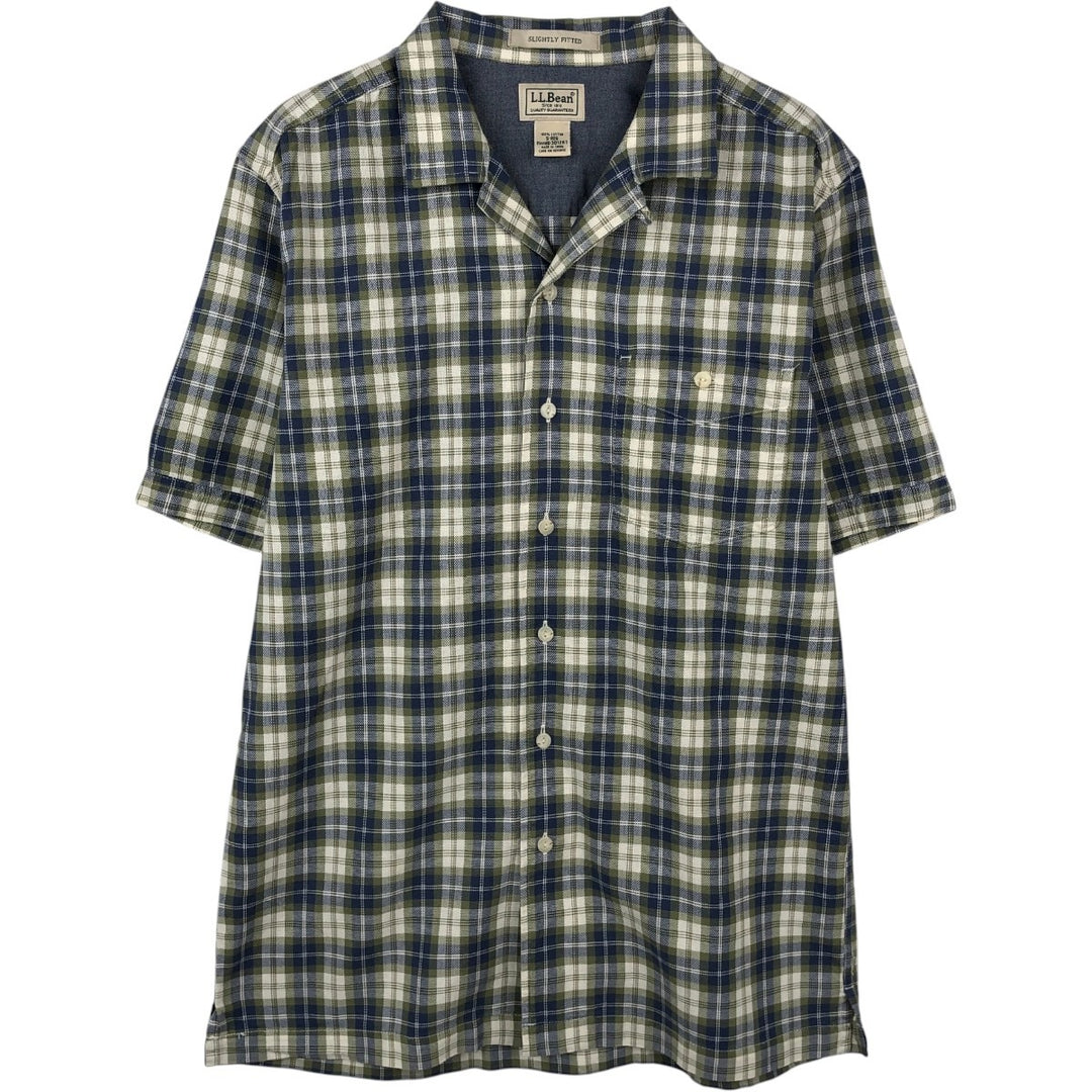 90s-00'S L.L.Bean SLIGHTLY FITTED Check Pattern Short-Sleeve Open Collar Cotton Shirt, Boxy Shirt, Men's Size S (approx.) cotton Khaki type Vintage Second Hand