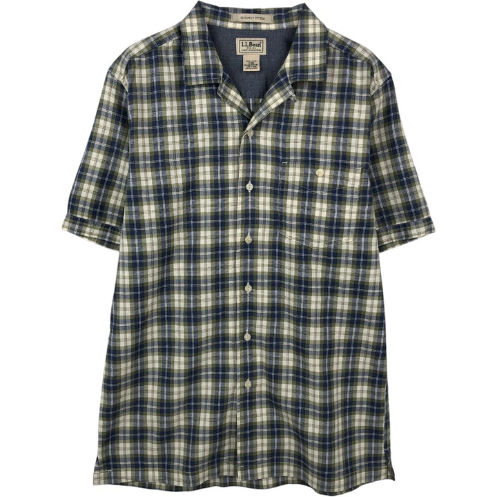 90s-00'S L.L.Bean SLIGHTLY FITTED Check Pattern Short-Sleeve Open Collar Cotton Shirt, Boxy Shirt, Men's Size S (approx.) cotton Khaki type Vintage Second Hand