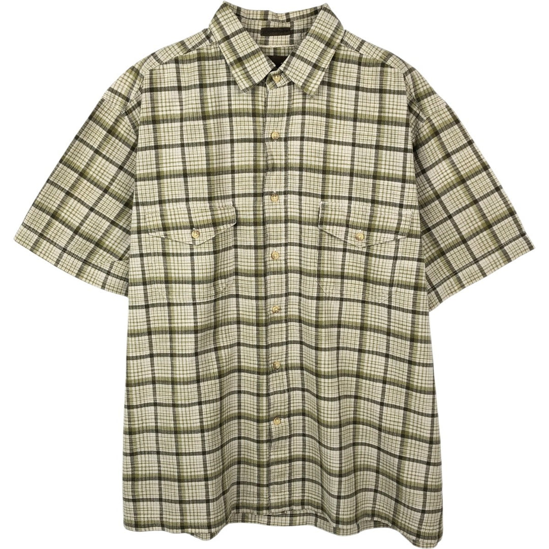 90s-00'S St. John's Bay Short-Sleeve Cotton Check Shirt, Boxy Fit, Men's Size L (approx.) cotton Khaki type sage green Vintage Second Hand