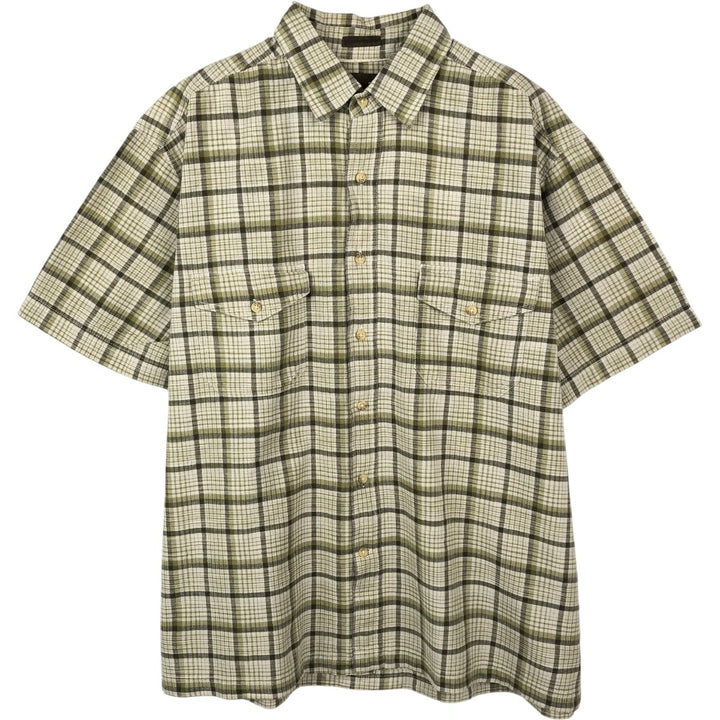 90s-00'S St. John's Bay Short-Sleeve Cotton Check Shirt, Boxy Fit, Men's Size L (approx.) cotton Khaki type sage green Vintage Second Hand