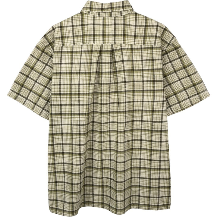 90s-00'S St. John's Bay Short-Sleeve Cotton Check Shirt, Boxy Fit, Men's Size L (approx.) cotton Khaki type sage green Vintage Second Hand