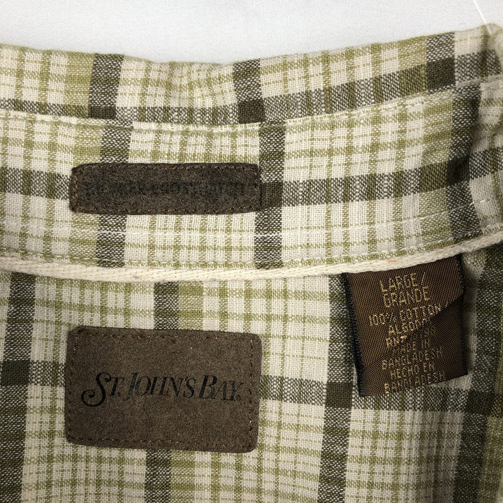 90s-00'S St. John's Bay Short-Sleeve Cotton Check Shirt, Boxy Fit, Men's Size L (approx.) cotton Khaki type sage green Vintage Second Hand